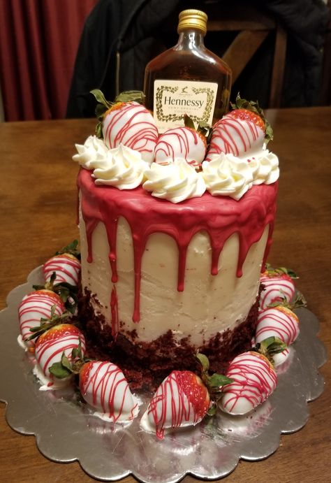 Red Velvet Cake Recipe Easy, Hennessy Bottle, Red Drip, Red Velvet Cake Recipe, Dipped Strawberries, Baking 101, Bakery Ideas, Valentines Day Cakes, Chocolate Dipped Strawberries