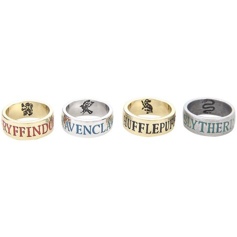 WB Harry Potter Houses Ring Set ($12) ❤ liked on Polyvore featuring jewelry, rings, harry potter, warner bros., set rings, engraved jewelry, engraved rings and engraved jewellery