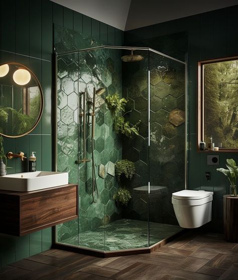 Master Bathrooms Luxury, Baie Vintage, Dark Green Bathrooms, Green Tile Bathroom, Splash Zone, Small Bathroom With Shower, Bathroom Showers, Bathroom Design Inspiration, Boho Bathroom