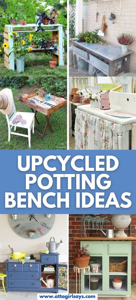 Diy Potting Bench Ideas, Potting Bench From Dresser, Planting Bench Diy Potting Tables, Easy Potting Bench, Garden Potting Bench Ideas, Potting Bench From Pallets, Diy Garden Table Ideas, Plant Pot Storage Ideas, Potting Bench Ideas With Sink