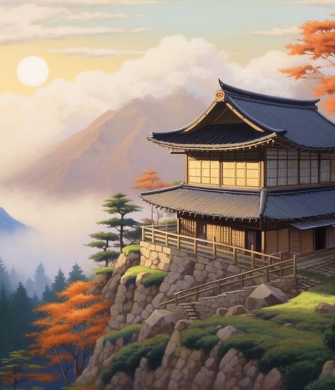 Traditional Japanese house in the mountain Traditional Japanese House Drawing, Japanese House Concept Art, Tiny House Japan, Traditional Japanese Town, Japanese Mountain Village, Medieval Japanese House, Japanese Landscape Design, Traditional Japanese House, Japanese Style House