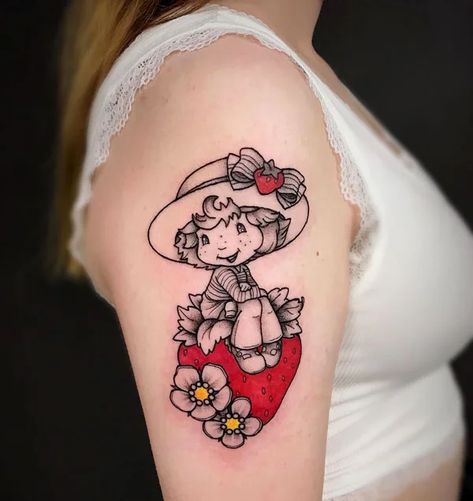 Strawberry Shortcake Tattoos, Strawberry Shortcake Tattoo Ideas, Strawberry Shortcake Tattoo, Strawberry Tattoos, Strawberry Tattoo, Hippie Tattoo, Z Tattoo, Hand Tattoos For Girls, Movie Tattoos