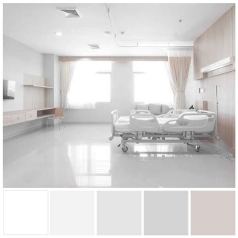 Achromatic all-white hospital  room. While this interior design has aesthetic values, the all-white colour scheme and potential for glare from the window has some downsides beyond appearing cold and clinical. This interior may be difficult to 'read' from an environmental visual literacy perspective for older people and those with diminishing visual capacity. The lack of colour adds to sterile ambience. Colour illustration by Zena O’Connor, PhD. Aesthetic Hospital Room, White Hospital Room Aesthetic, Hospital Interior Design Room, Luxurious Hospital Room, Mental Hospitals Modern Room, Hospital Patient Room Interior Design, White Room Mental Hospital, Healthcare Interior Design, New Hospital