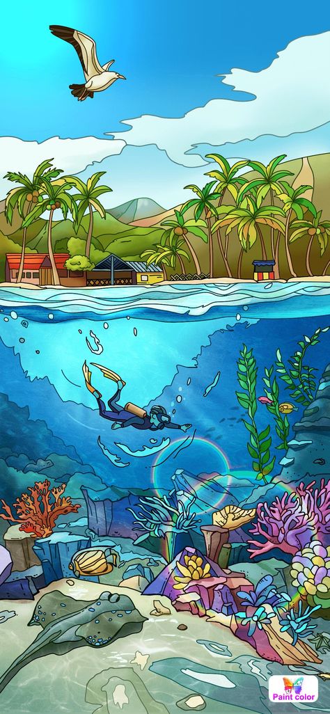 Life Under Water Drawing, Water Drawing Ideas, Under Water Drawing, Elena Rodriguez, Life Under Water, Underwater Drawing, Beach Mural, Artistic Wallpaper, Water Drawing