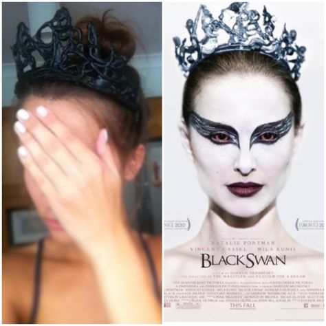 DIY Black Swan Crown. I made this using a hot glue gun, an old plastic tiara base and some black paint. #blackswan #make #diy #crown Black Swan White Swan Makeup, White Swan And Black Swan Halloween, Black Swan Crown, Swan Lake Headpiece Diy, Black Swan Custom, Black Swan Makeup, Mickey Mouse Halloween Costume, Frozen Costume Adult, Disney Costumes Diy