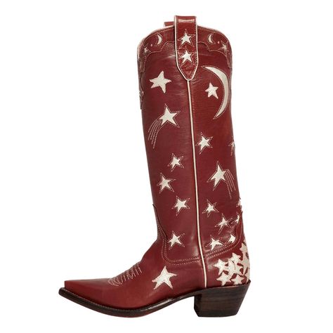 Spot Lights Handmade craftsmanship: Every stitch is neat and handmade. Material: Vegan leather Style: Knee-high boots Color: Maroon Heel Type: Chunky heels Heel Height: 50 mm / 2" approx Product measurements were taken using size 8. Please note that measurements may vary by size. Toe: Snip toe Platform: No platform Special Designs: The maroon knee-high cowgirl boots feature a star and moon pattern inlay design, with charming embroidery embellishment. Womens Tall Cowboy Boots, Texas Night, Knee High Cowgirl Boots, High Cowgirl Boots, Miron Crosby, High Cowboy Boots, Knee High Cowboy Boots, Boot Tree, Fashion Cowboy Boots