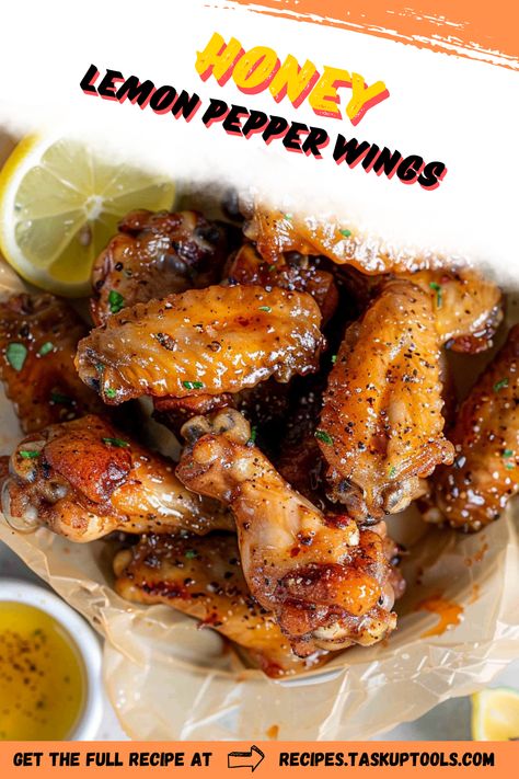 Discover the perfect blend of sweet and savory with these Honey Lemon Pepper Wings. This mouthwatering recipe features crispy chicken wings coated in a zesty honey lemon glaze and sprinkled with aromatic black pepper. Ideal for game day, parties, or a delicious weeknight dinner, these wings are sure to impress your family and friends. Follow this step-by-step guide to create a flavorful dish thats simple to prepare and absolutely irresistible. Pin this recipe to elevate your cooking and delight your taste buds! Wing Flavors Recipes, Lemon Pepper Chicken Wings Recipe Oven, Honey Lemon Pepper Wings, Lemon Pepper Sauce, Lemon Pepper Wings, Paprika Potatoes, Crispy Chicken Wings, Lemon Glaze, Game Day Snacks