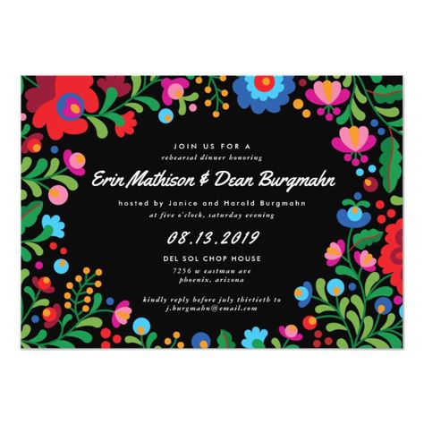 Mexican Embroidery Rehearsal Dinner Invitation Rehearsal#Dinner#Invitation#Shop Engagement Fiesta, Destination Wedding Flowers, Wedding Fiesta, Embroidery Mexican, Invitation Engagement, Colorful Wedding Invitations, Dinner Party Invitations, Wedding Rehearsal Dinner Invitations, Mexican Theme