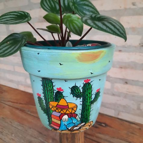 Funky Pots, Cactus Rocks, Table Painting, Painted Planter, Fairy Garden Pots, Hand Painted Planter, Selfie Wall, Pottery Bottles, Painted Plant Pots