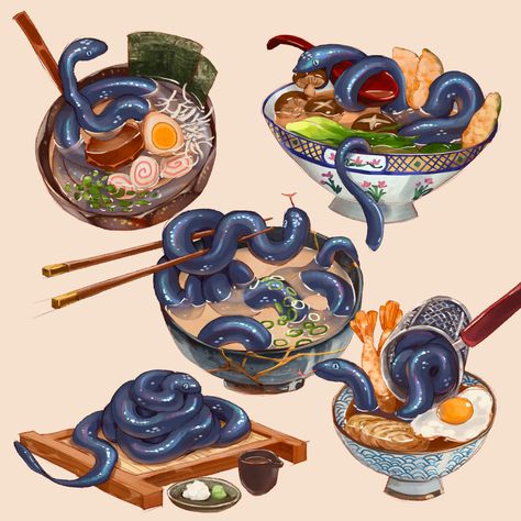 Alien Food Concept Art, Sci Fi Food, Food Concept Art, Fantasy Cookbook, Alien Food, Noodle Art, Monster Food, Fantasy Food, Doodle Characters