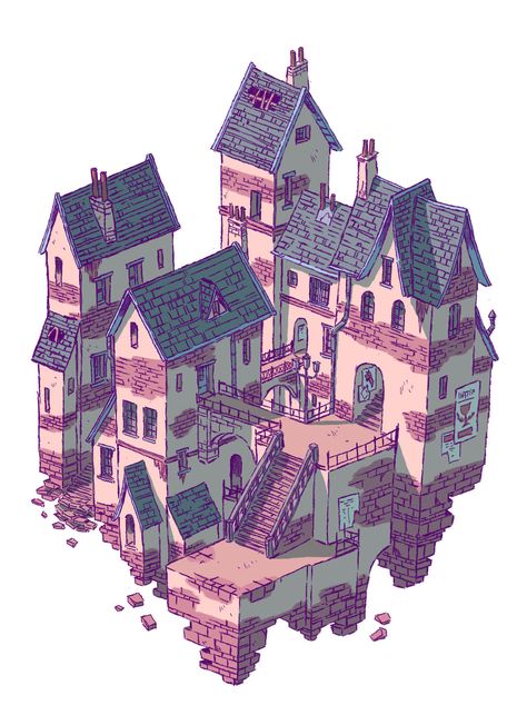 Tall Architecture, Place Reference, Digital Artwork Illustration, Scifi Architecture, Dnd Reference, Sketching Inspiration, Town Art, Isometric Drawing, Building Illustration