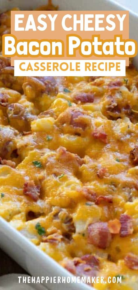 Looking for a crowd-pleasing side dish that's perfect for any occasion? Try our Cheesy Bacon Potato Casserole! Made with tender potatoes, creamy sour cream, sharp cheddar cheese, and crispy crumbled bacon, this savory casserole is the ultimate comfort food recipe. Whether you're hosting a holiday feast or simply craving a hearty family meal, this dish is sure to be a hit. Cheesy Bacon Potatoes Oven, Cast Iron Cheesy Potatoes, Ham And Bacon Cheesy Potatoes, Country Potato Casserole, Baked Potato Casserole With Bacon, Potato Bacon Cheese Casserole, Bacon Egg Potato Cheese Casserole, Baked Potatoes With Cheese And Bacon, Fried Potatoes With Cheese