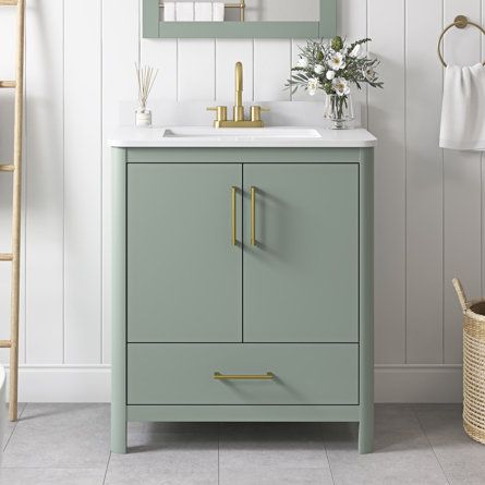 Small Bath Vanities, Mint Green Bathroom Vanity, Sage Green Vanity, Green Vanity Bathroom, Marble Countertop And Backsplash, Bathroom Facelift, Removable Backsplash, 24 Inch Bathroom Vanity, Green Vanity