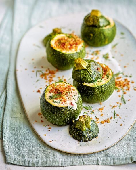 Stuffed courgettes with feta - delicious. magazine Courgette Recipe, Feta Stuffed Peppers, Magazine Recipe, Stuffed Peppers With Rice, Summer Starter, Vegetarian Sides, Falafels, Delicious Magazine, Fritter Recipes