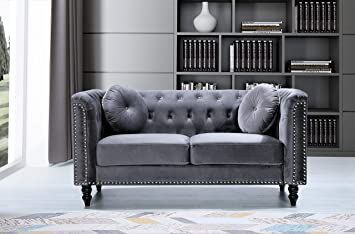 Container Furniture Direct Kittleson Mid Century Velvet Upholstered Nailhead Chesterfield Loveseat, 64.17", Grey Beige Chesterfield Sofa, Modern Chesterfield Sofa, Chesterfield Sofa Design, Mid Century Modern Couch, Velvet Chesterfield Sofa, Tufted Couch, Breathing Room, Sofa Living, Chesterfield Sofa