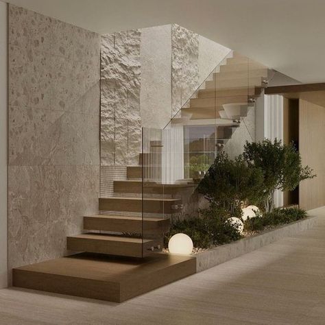 Contemporary Villa Interior Design, Travertine Interior Design, House Interior Minimalist, Modern Minimalist Staircase, Luxury Villa Interior, Minimalist Staircase, Stairs Wall Decor, Staircase Wall Design, Villa Design Interior