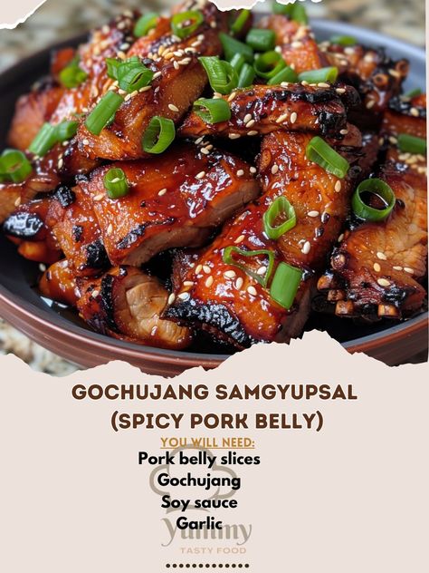 🌶️ Enjoy the spicy and savory Gochujang Samgyupsal! 🥓✨ #SpicyPorkBelly #KoreanBBQ Gochujang Samgyupsal (Spicy Pork Belly) Ingredients: Pork belly slices (1 lb) Gochujang (Korean red chili paste) (2 tbsp) Soy sauce (1 tbsp) Garlic, minced (3 cloves) Sesame oil (1 tbsp) Honey (1 tbsp) Sesame seeds (1 tsp) Green onions, chopped (for garnish) Instructions: In a bowl, mix gochujang, soy sauce, garlic, sesame oil, and honey. Marinate pork belly slices in the mixture for at least 30 minutes. Gri... Spicy Pork Belly, Soy Sauce Garlic, Red Chili Paste, Pork Belly Slices, Marinated Pork, Spicy Pork, Gluten Free Recipes For Dinner, Chili Paste, Korean Bbq