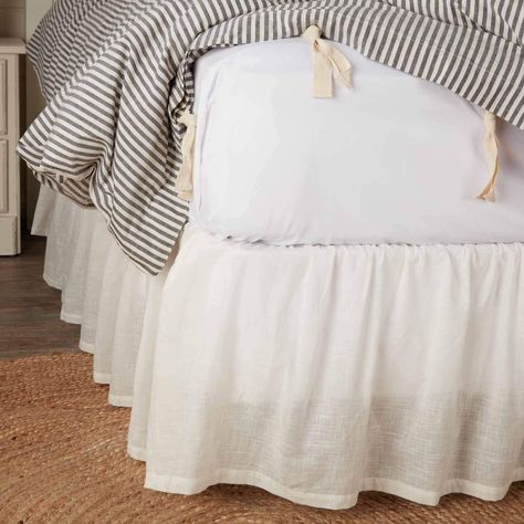 PRICES MAY VARY. One Queen Bedskirt, fits a queen boxspring, 60" x 80" decking, with a 16" drop from the top of the boxspring to the floor. Features split corners so it fits around any bed foot board. Simple styling to coordinate with any bedding. Bed skirt is gathered. 100% cotton with a slub weave that provides beautiful linen-like texture in an antique, soft white color. Machine wash cold with like colors on gentle cycle, no chlorine bleach. Tumble dry low, remove promptly, iron as needed. Th All White Farmhouse Bedding, Canvas Drop Cloth Bedding, Primitive Bedding Kitchen, White Comforter With Bedskirt, Bed Skirt Grey Comforter, Bedskirt With Quilt, Chambray Bed Skirt, Gathered Bed Valance, Waverly Bed Skirts