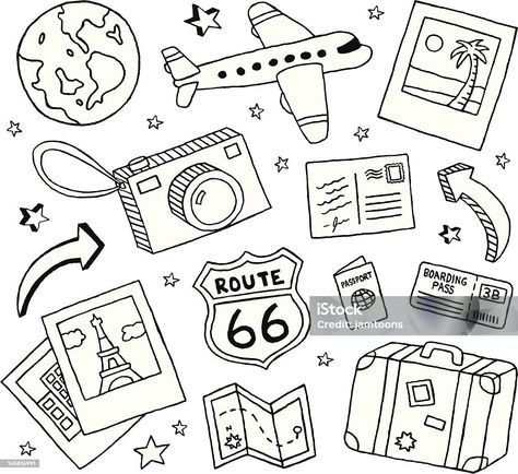 Travel Doodle, Travel Doodles, Bubble Letter Fonts, Travel Art Journal, Doodle Illustration, Bubble Letters, Travel Stickers, Art Therapy, Lettering Fonts