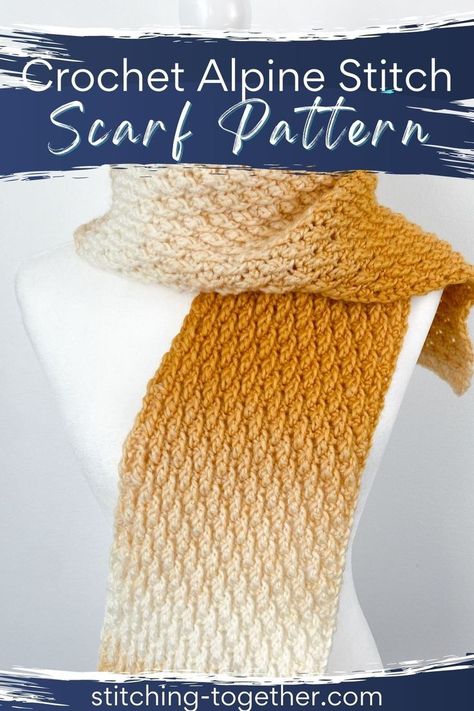 graphic reading "Crochet Alpine Stitch Scarf Pattern" with an image of a yellow crochet scarf on a mannequin Winter Scarf Crochet Pattern, Crochet Scarf Pattern Free Easy, Winter Scarf Pattern, Crochet Scarf Patterns, Crochet Scarf For Beginners, Chunky Crochet Scarf, Simple Scarf Crochet Pattern, Crochet Scarf Easy, Crazy Crochet