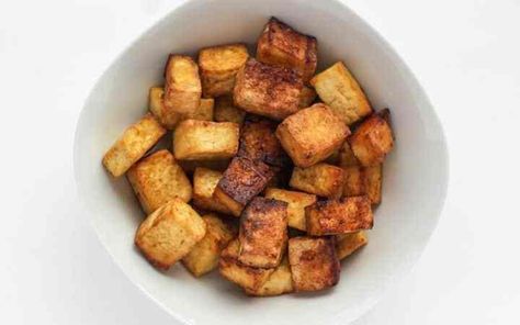 Air Fryer Tofu - Spicy and Crispy | Keeping the Peas Tofu Spicy, Air Fryer Tofu, Sweet Potato Tots, Tempeh Recipes, How To Press Tofu, Apple Chips, Crispy Tofu, Thm Recipes, Extra Firm Tofu