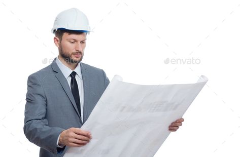 Engineer in safety hat reading architecture plan by serhiibobyk. Portrait of engineer wearing in suite and white safety hat holding big drawing plan. Male with beard reading architec... #Sponsored #serhiibobyk, #plan, #engineer, #Portrait Male With Beard, Male Architect, Wordpress Theme Design, Studio Shoot, Architecture Plan, Design Business, Theme Design, Business Design, Business Man