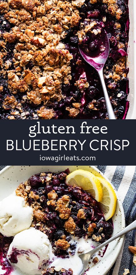 Gluten Free Blueberry Crisp is luscious, blueberry filling beneath a craveable, crunchy-crisp topping. The perfect summer dessert recipe! iowagirleats.com gluten free blueberry crisp, gluten free blueberry crumble, blueberry crisp gluten free, blueberry crumble gluten free, gluten free blueberry crisp recipe Gluten Free Blueberry Crisp, Gluten Free Blueberry Cobbler, Healthy Rhubarb Recipes, Gluten Free Crumble, Gluten Free Crisps, Blueberry Crisp Recipe, Crisp Topping, Blueberry Crisp, Easy Gluten Free Desserts