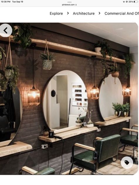 Salon Designs Hairdressing, Plant Wall Salon, Greenery Walls Indoor, Hairdresser Decoration Salon Ideas, Old Hollywood Salon Decor, 3 Station Hair Salon, Simple Salon Stations, Black And Gold Salon Decor Interiors, Boho Hair Salon Decor Modern