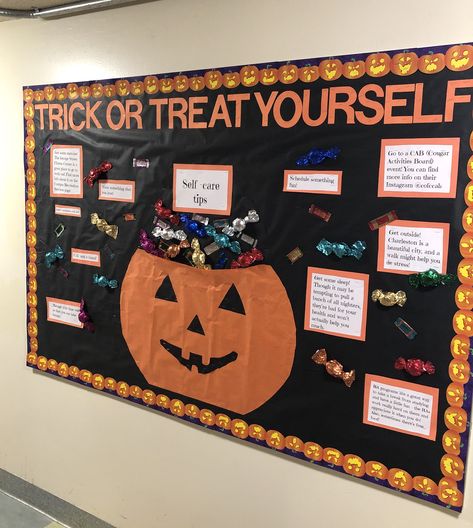 My october bulletin board about self-care! Kudos Bulletin Board Ideas, Halloween Staff Bulletin Board, Halloween Bulletin Board Ideas For High School, October Mental Health Bulletin Board, October Poster Board Ideas, Halloween School Nurse Bulletin Boards, Trick Or Treat Bulletin Board Ideas, Halloween Bulletin Boards Library, Student Services Bulletin Board