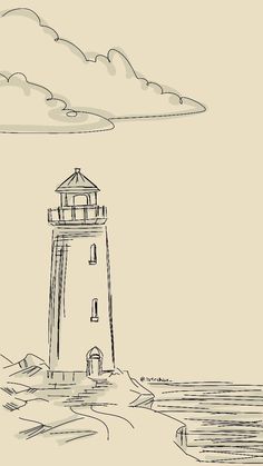 Still Life Drawing Landscape, Tracing Drawings, Simple Lighthouse Drawing, Lighthouse Sketches, Drawing Of A City, Nature Sketches Pencil Simple, Lighthouse Drawing Simple, Simple Sailboat Drawing, Seaside Drawing