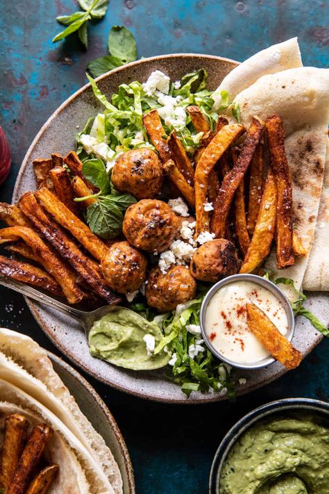 Chicken Meatball Pita Bowls with Seasoned Fries and Feta | halfbakedharvest.com Half Baked Harvest Chicken, Meatball Pita, Bowls Recipes, Half Baked Harvest Recipes, Chicken Meatball, Seasoned Fries, Indian Butter Chicken, Random Recipes, Roasted Chicken Breast