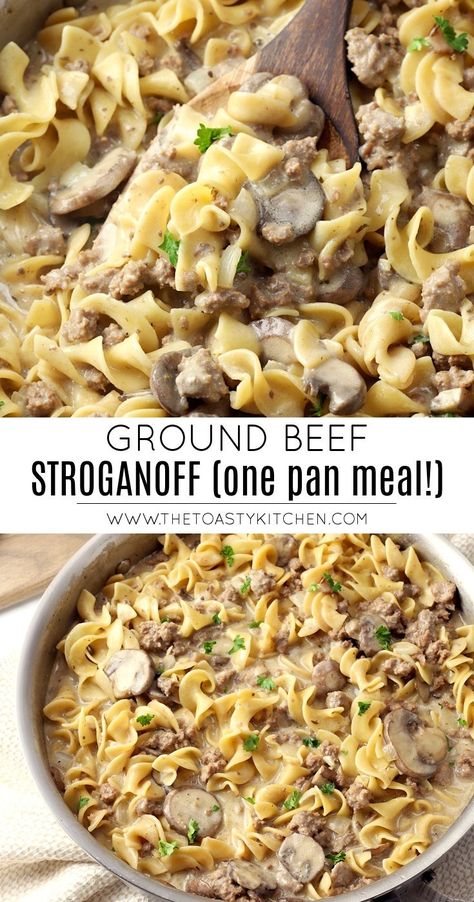 Ground Beef Stroganoff by The Toasty Kitchen #beef #groundbeef #stroganoff #pasta #onepanmeal #skilletmeal #recipe #dinner #dinnerideas #meal #homemade Stroganoff Pasta, Beef Stroganof, Ground Beef Stroganoff, Sour Cream Sauce, Skillet Recipes, Stroganoff Recipe, Recipe Dinner, Ground Beef Recipes Easy, Ground Beef Recipes For Dinner