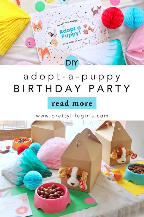 adopt a puppy birthday party ideas Dog Goody Bags Puppy Party, Adopt A Puppy Birthday Party Invitations, Make Your Own Collar Puppy Party, Animal Rescue Birthday Party Ideas, Make A Collar Puppy Party, Adopt A Pet Party Ideas, Diy Puppy Party Decorations, Adopt A Puppy Birthday Party Cute Ideas, Kitten And Puppy Birthday Party