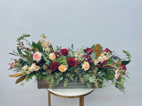 Rectangular Floral Centerpieces, Long Floral Arrangement For Table, Trough Flower Arrangements, Rectangular Flower Arrangements, Long Rectangular Floral Arrangement, Long Low Arrangement, Long And Low Flower Arrangement, Fall Floral Arrangements Rectangle, Long Flowers