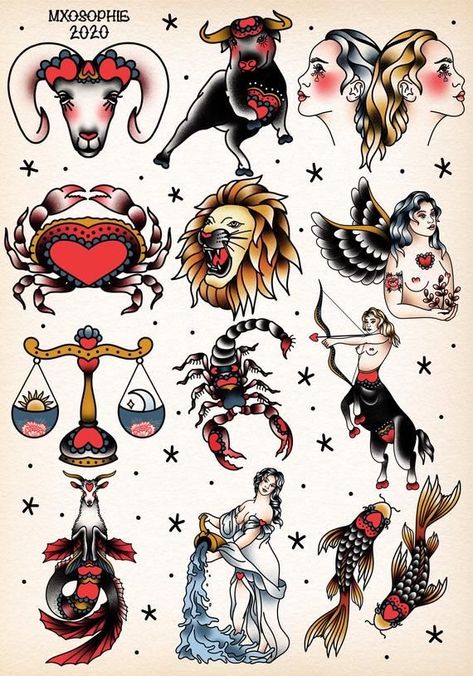 Tradition Tattoo, Traditional Tattoo Flash Sheets, Americana Tattoo, Traditional Tattoo Inspiration, Astrology Tattoo, Traditional Style Tattoo, Traditional Tattoo Sleeve, Flash Sheet, Tattoo Flash Sheet