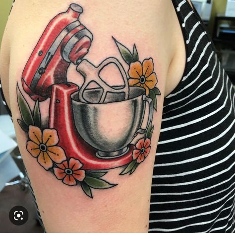 Mixer Tattoo, Chef Tattoo, Baking Mixer, Neo Traditional, Creative Tattoos, Traditional Tattoo, Skull Tattoo, Tattoos For Guys, Tatting