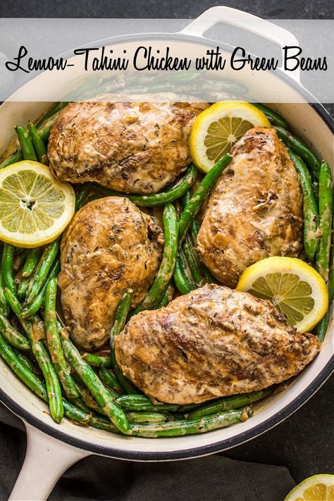 Lemon-Tahini Chicken with Green Beans Tahini Chicken, Chicken With Green Beans, Thm Dinner, Chicken Green Beans, Lemon Green Beans, Gluten Free Main Dishes, Organic Recipes Healthy, Gluten Free Eating, Cookbook Recipes