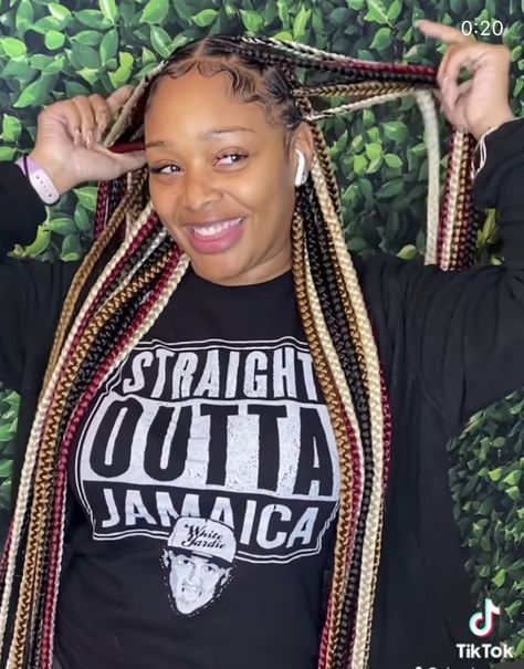 Plaits With Color For Black Women, Braids With Multiple Colors, Tricolor Box Braids, Black Women Colored Braids, Tri Color Braids, Tricolor Braids, Multicolored Box Braids, Three Color Braids, Two Toned Braids Black Women