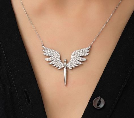 Wings Necklace Angel, Elegant Silver Winged Necklace, Elegant Jewelry Pendant With Angel Wings, Elegant Angel Wings Necklaces, Matching Necklaces For Couples, St Michael Necklace, Saint Michael, Angel Wings Jewelry, Silver Angel Wings Pendant Necklace