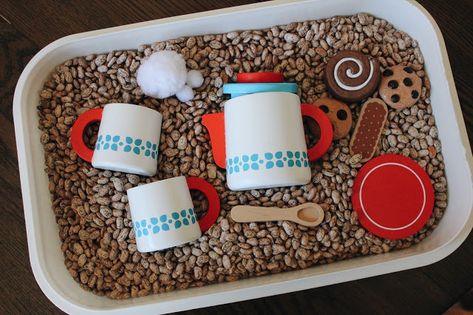 Hot Cocoa Craft Preschool, Hot Cocoa Activities For Preschool, Hot Chocolate Sensory Bin, Winter Dramatic Play Preschool, Hot Chocolate Sensory, Hot Cocoa Sensory Bin, Centers Preschool, Winter Hot Chocolate, Winter Sensory Bin