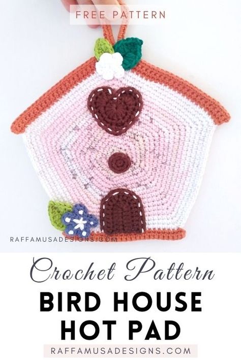 BirdHouse Hot Pad – Free Crochet Pattern • RaffamusaDesigns Crochet Pot, Crochet Hot Pads, The Perfect Kitchen, Crochet Birds, Yarn Cake, Crochet Potholders, Crochet Kitchen, Crochet Dishcloths, Perfect Kitchen