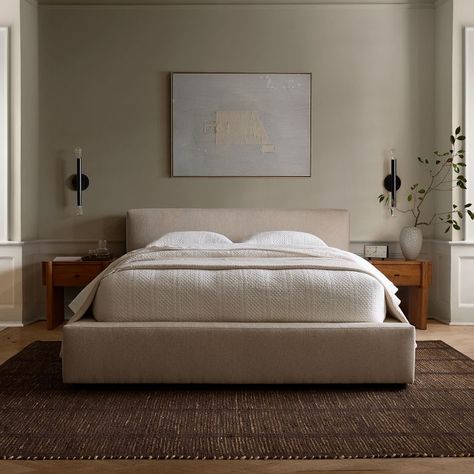 Leather Bed Frame Bedroom Ideas, Platform Upholstered Bed, Cream Upholstered Bed, Bed Upholstered Headboard, Bed Frame Beige, Bedroom Upholstered Bed, Boucle Bed, Linen Upholstered Bed, Bed Inspiration