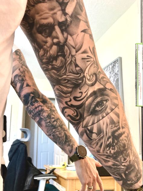 Religous Tattoo Filler, Blended Tattoo Sleeve, Men Realism Tattoo, Black And Grey Realism Tattoo Sleeve, Black And Grey Tattoos Sleeve Men, Manga Tattoo Hombre Ideas, Realism Sleeve Tattoo, Realism Tattoo Ideas For Men, Realism Sleeve