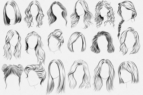 Front Hair Sketch, Drawing Hairstyles Ideas, Women Hair Reference Drawing, Long Hair Drawing Female, Front Hair Drawing, Hair Woman Drawing, Drawings Hairstyles, Hair Illustration Drawing, Hairstyle Sketches