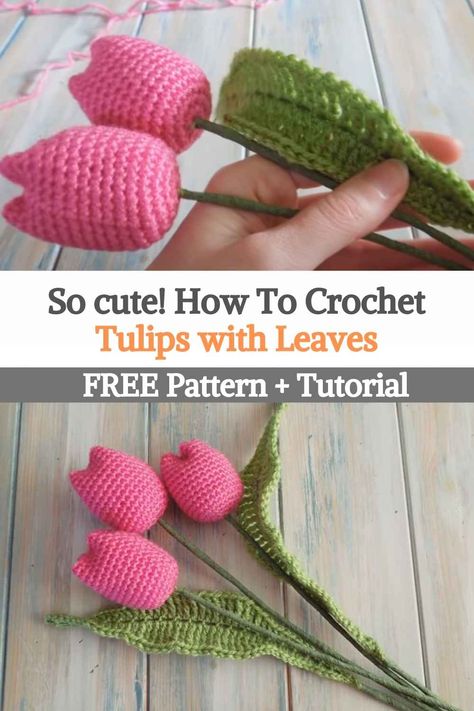 Knitted Flowers Free, Yarn Bouquet, Beautiful Tulips, Crochet Leaf Patterns, Crochet Flowers Easy, Crochet Flowers Free Pattern, Crochet Bouquet, Crochet Plant, Crochet Leaves