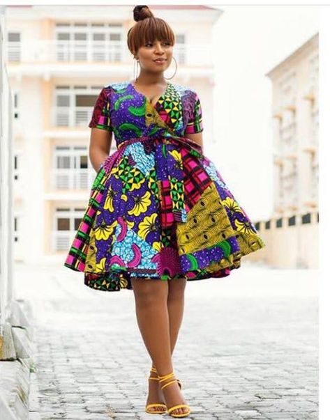 d72fbbccd9fe64c3a14f85d225a046f4desc42391658ri Flare Dresses Ankara, Wrap Dress Ankara, Ankara Wrap Dress, Short Ankara Gowns Style, Ankara Short, Casual Attire For Women, Ankara Short Gown Styles, Below The Knee Dresses, African Print Dress Ankara