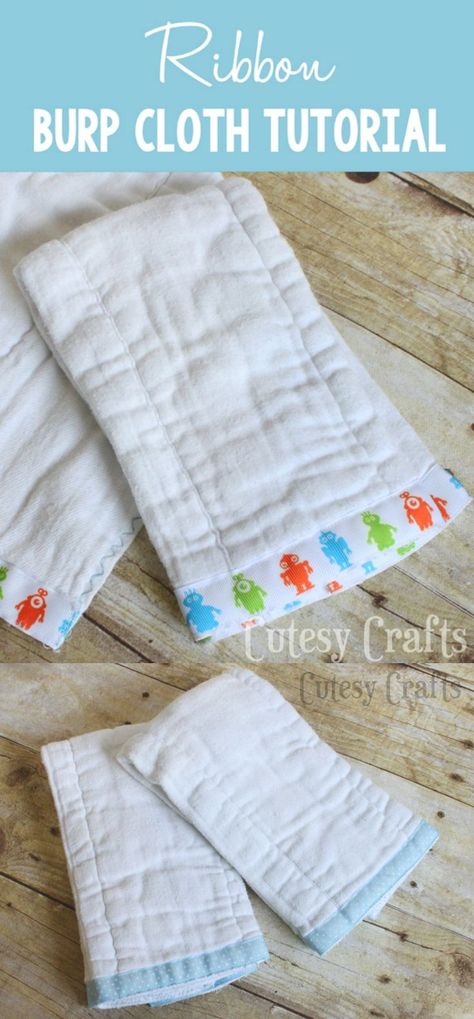 Add a little bit of ribbon and some decorative stitching, and you've got yourself some cute and custom DIY burp cloths! These are made from diapers and are a perfect gift for baby. Customize for girls or boys. Diy Baby Burp Cloths, Diy Boy Gifts, Burp Cloth Tutorial, Burp Cloths Diy, Baby Boy Burp Cloths, Easy Baby Blanket, Burp Rags, Boy Diy, Trendy Baby Shower Ideas