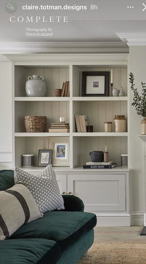 Alcove Shelving Living Room Tv, Cotswold Lounge Ideas, Narrow Alcove Ideas, Lounge Shelving Ideas, Alcove Styling, Build In Shelves Living Room, Sitting Room Storage, Book Case Ideas Living Room, Fitted Bookcase