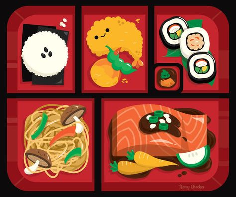 Bento Box by RoseyCheekes.deviantart.com on @DeviantArt Bento Box Illustration Art, Bento Drawing, Japanese Food Illustration, Pic Candle, Japanese Bento Box, Wallpaper Landscape, Food Sketch, Japanese Bento, Daily Painting