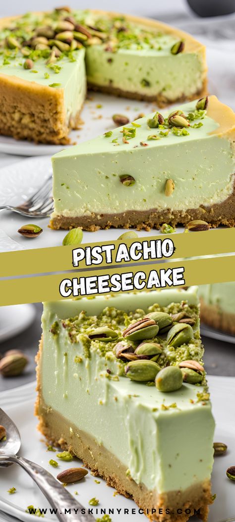 🥰🍰 Indulge in the creamy delight of Pistachio Cheesecake! With its nutty pistachio flavor and smooth, rich texture, this dessert is perfect for any special occasion. Topped with whipped cream and chopped pistachios, it's as beautiful as it is delicious! 🌟 #PistachioCheesecake #DessertLovers #Baking #SweetTreats #ElegantDesserts#myskinnyrecipes Pistachio Pudding Cheesecake, Pistachio San Sebastian Cheesecake, Pistachio Cream Cheesecake, Desserts With Pistachio Cream, Pistachio White Chocolate Cheesecake, Most Delicious Desserts, New Dessert Ideas, Decorating Cheesecake Ideas, Pistachio Cheesecake No Bake